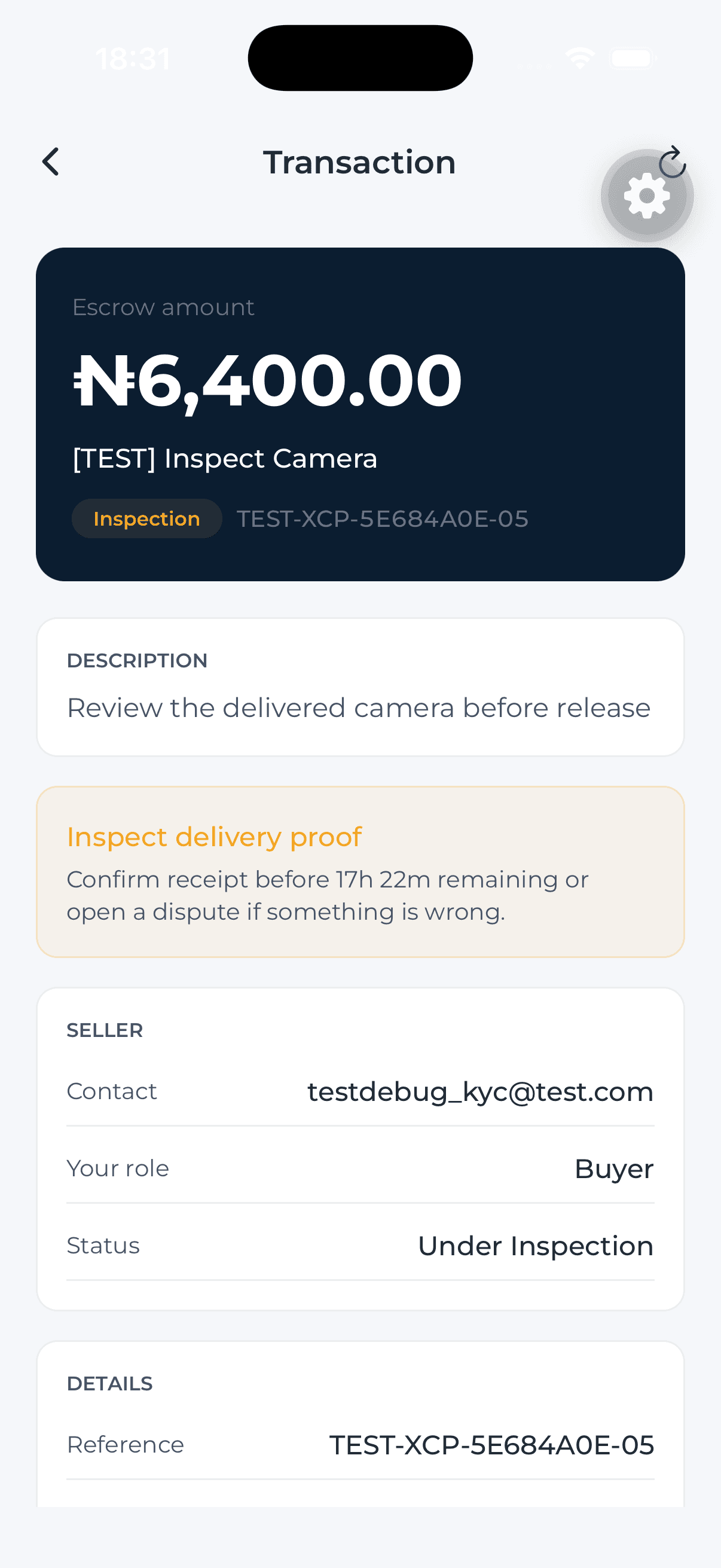 XcroTrust transaction detail screen showing escrow amount and inspection status
